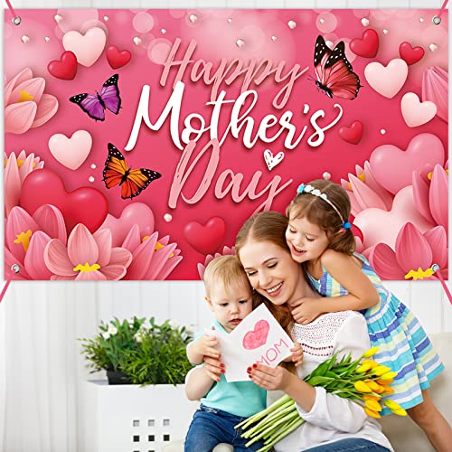 Large Happy Mother's Day Banner Decorations Mothers Day Flag Outdoor 71x44 Inch,Mom Gifts for Indoor Home House Decor Party Supplies,Yard Sign Background for Photography, Red Pink Heart Flowers - color: pink