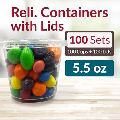 Reli. 5.5 oz Condiment Containers with Lids (100 sets) | Ideal for Sauce, Souffle, Samples, Jello Shot Cups | Disposable, BPA-Free Plastic | Small Containers 5.5oz, Bulk