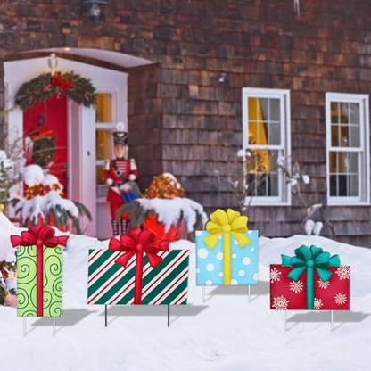 Christmas Yard Sign Decorations Outdoor Boxes Yard Signs with Metal Stakes for Xmas Holiday Party Lawn Sign Garden Decor Outdoor Yard Signs - style: Gift box