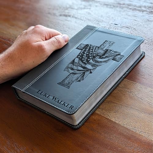 Personalized NIV Personal Size Bible – Large Print Leathersoft Faux Leather | Custom Name Engraved | Red Letter Comfort Print Edition with Ribbon Markers & Portable Design | Family & Wedding Bibles (Black American Flag Wood Cross)