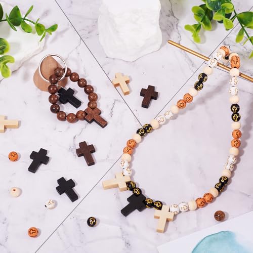 Beadthoven 211pcs/Box Rosary Making Kit, Wood Cross Beads 8mm Acrylic Cross Round Beads Spacers Easter Crucifix Cross Charms for Bracelet Jewelry Making Kit DIY Crafts
