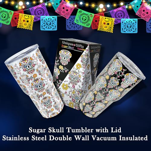 30oz Sugar Skull Tumbler Double Vacuum-Insulated | Keep Drinks 20H Cold/5H Hot, Travel Mug for Camping/Gym/Office, Day of the Dead/Halloween/Christmas Gift - color: White Sugar Skull