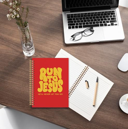 Yellow and Red Christian Spiral Notebook, Run to Jesus Bible Verse Journal, Religious Scripture Journals for Writing, Bible Notebooks for Note Taking, Church Notes Journal, 5.5x8.3 Inch - color: God-Yellow and Red