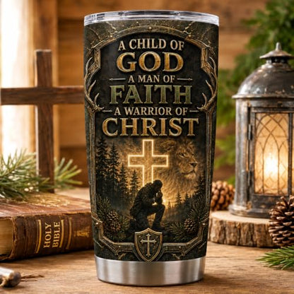 Personalized Christian Gifts For Men - A Child Of God Faith Warrior Christ Man Tumbler V7 - Religious Bible Gifts For Husband, Dad, Grandpa on Fathers Day, Christmas, Birthday - color: CH-VAR-07