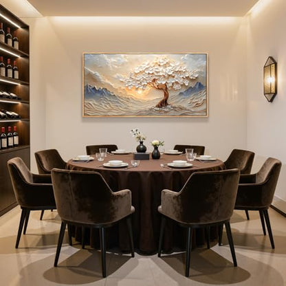 imjiayu White Blossom Tree Mountain Landscape Art, Serene Sunset Painting - color: Mountain Sun Tree, size: 48"L x 24"W