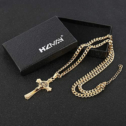 HZMAN Stainless Steel St. Benedict Crucifix Cross Necklace for Men - color: Standard Gold