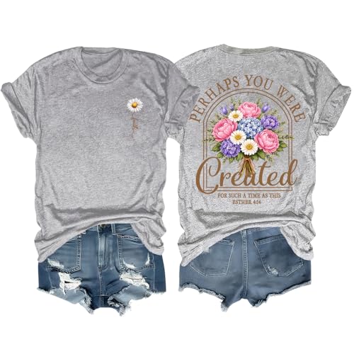 Christian Shirts for Women Floral Faith Bible Verse Graphic Tee Created for Such a Time as This T-Shirt - color: Grey, size: Small