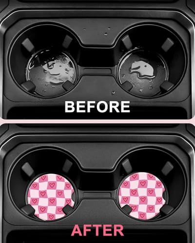 Swooflia 2 Pack Absorbent Ceramic Car Coasters for Women - color: Wavy Pink Checkered