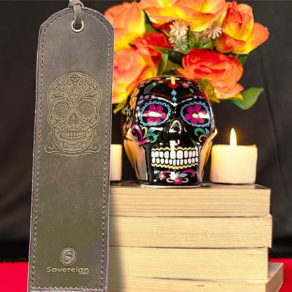 Leather Bookmark Handmade with Sugar Skull Heart Design - 2 Genuine Leather Book Marks for Reading - Unique Bookmarks for Men Women Girls | Gothic Book Lover Gifts for Bookworms Relatives and Friends - style: Skull