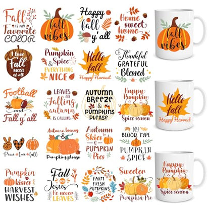Rngmsi UV DTF Cup Wrap - 20 Sheets Fall UV DTF Cup Wraps for 16 oz, Pumpkin Autumn Maple Leaf Uvdtf Decals, Personalized Waterproof Rub on Transfers for Glass Mugs, DIY Wood Crafts - style: Fall