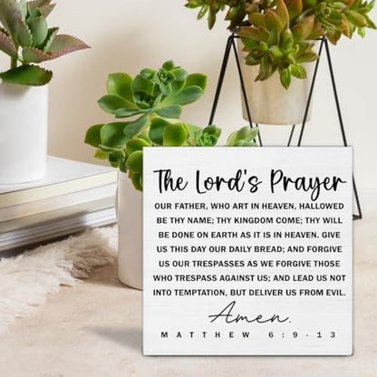 Christian Decor, Bible Verses Decor, the Lords Prayer Scripture Wood Sign Christian Wall Art Religious Decoration for Home Living Room Bedroom Office Desk Shelf Wall Table 5 X 5 Inch