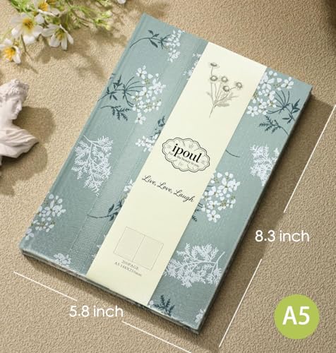 Floral Hardcover Notebook, Flower Journal for women, A5, 200 Pages, 6x8 Medium Lined Notebook, Floret Printed Fabric Cloth, Similar Embroidered Linen, Garden Journal, Green. - color: Floret Green