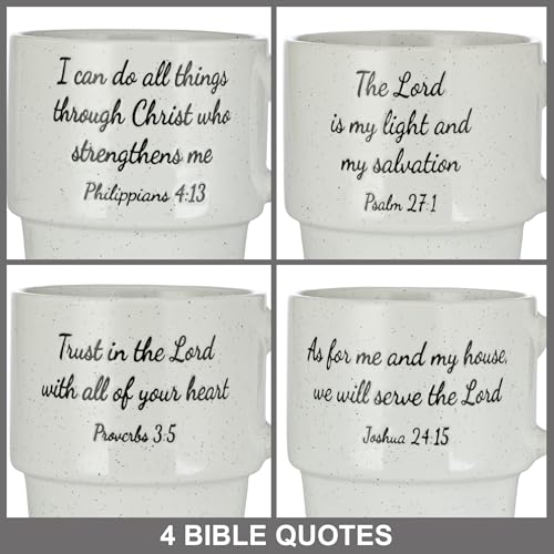 Signature Housewares Stackable Coffee Mug Tower Set with Metal Wire Rack - 15 Ounce Coffee Mugs for Coffee, Tea, Cocoa, Milk, Cappuccino, Hot Chocolate Set of 4 - Inspirational Bible Verses - color: Inspirational Bible Verses, size: 15oz