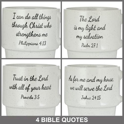 Signature Housewares Stackable Coffee Mug Tower Set with Metal Wire Rack - 15 Ounce Coffee Mugs for Coffee, Tea, Cocoa, Milk, Cappuccino, Hot Chocolate Set of 4 - Inspirational Bible Verses - color: Inspirational Bible Verses, size: 15oz