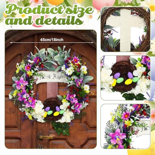 Panelee 18 Inch Easter Wreath for Front Door Cross Wreath Christian Easter Hanging Decorations He Is Risen Religious Artificial Lilies Lavender Eggs Grape Vines Sign for Spring Home Wall Door(Elegant)