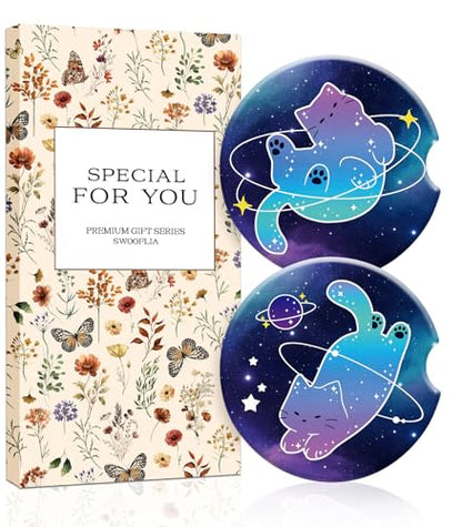 Swooflia 2 Pack Absorbent Ceramic Car Coasters for Women - color: Planet Cat