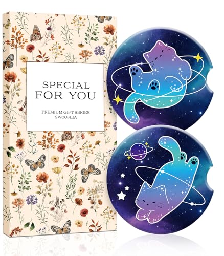 Swooflia 2 Pack Absorbent Ceramic Car Coasters for Women - color: Planet Cat