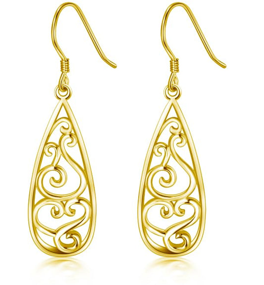 BoRuo Filigree Teardrop Sterling Silver Earrings for Women - color: Yellow Gold