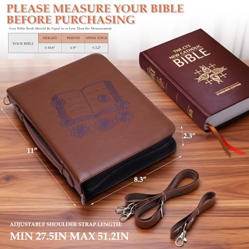 AKONEGE Bible Cover with Handle & Shoulder Strap for Women Girls, Brown - color: Brown