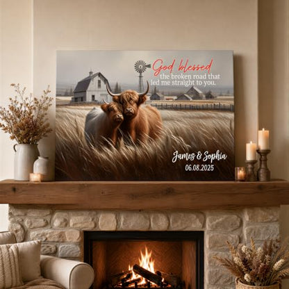 Ipplee Custom Highland Cow Wall Art, God Blessed the Broken Road for Couple - color: Design 01