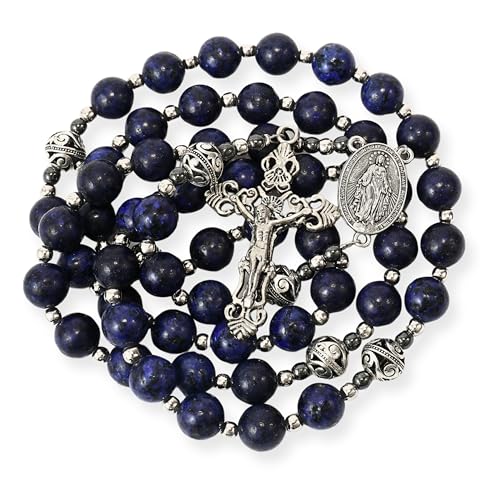 Nazareth Store Genuine Rosary Stone Beads Necklace Metal Beaded Glory Beads Miraculous Medal & Silver Cross Crucifix For Men and Womens - color: Blue Lapis Lazuli