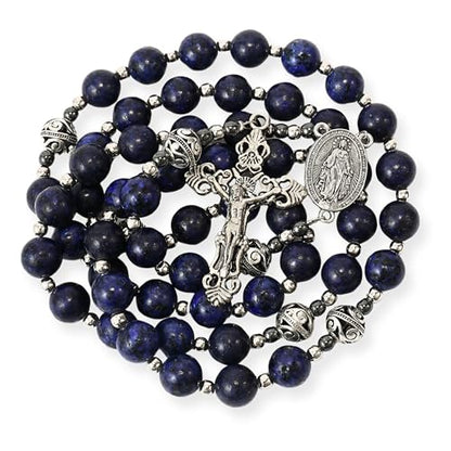 Nazareth Store Genuine Rosary Stone Beads Necklace Metal Beaded Glory Beads Miraculous Medal & Silver Cross Crucifix For Men and Womens - color: Blue Lapis Lazuli