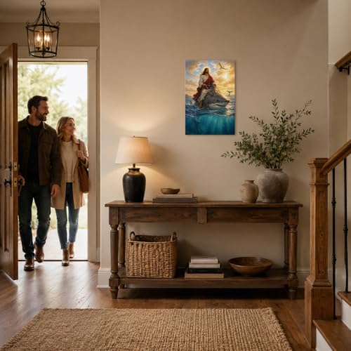 Humorous Christian Jesus Wall Art Jesus Riding Shark Religious Wall Art - color: Art-39, size: 18"L x 12"W