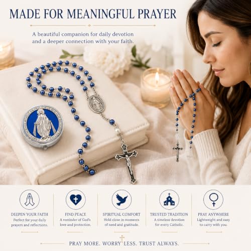 Catholic Pearl Cross Rosary Necklace — Ideal for Baptism, Prayer, Devotion — 6mm Glass Beads & 8mm Our Father Beads w/Caps, Miraculous Jewelry Box – Perfect Religious Gift for Women, Men - color: Blue