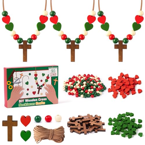 BeYumi Wooden Cross Necklace Craft - 24Pcs Christmas Wooden Cross Beads Necklace Craft Kit for Kids DIY Xmas Gift Christian Nativity Religious Jesus Decor Sunday School Classroom Party Fun Activities - style: Christmas