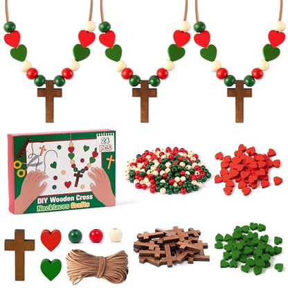 BeYumi Wooden Cross Necklace Craft - 24Pcs Christmas Wooden Cross Beads Necklace Craft Kit for Kids DIY Xmas Gift Christian Nativity Religious Jesus Decor Sunday School Classroom Party Fun Activities - style: Christmas