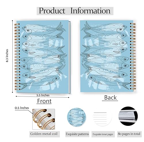 Blue Sardine Fish Coastal Notebook, Sardine Gifts, Vintage Ocean Blue Fish Journal for Office Supplies, Gifts for Fishing Lovers Spiral Notebook Journal 5.5x8.3 - color: Color 13