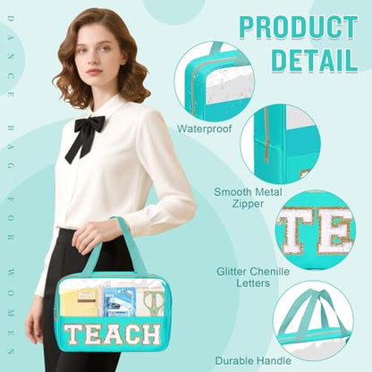Teacher Appreciation Gifts Chenille Letter Clear Makeup Bag TEACH Pouch, Preppy Waterpoof Makeup Cosmetic Bag with Zipper Graduation Retirement Birthday Teacher Essentials Gifts for Women(TEACH-Green) - color: TEACH-Green