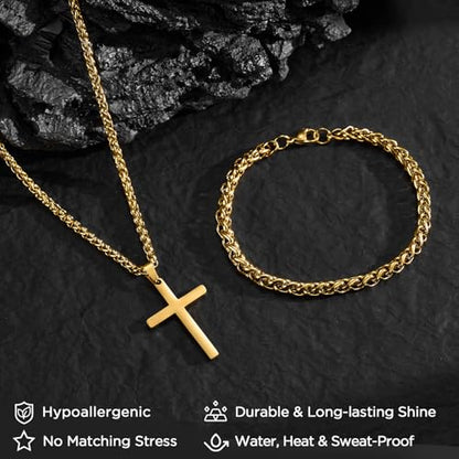 NORBU Stainless Steel Cross Necklace and Bracelet Set for Men, Cuban Link - color: Gold Wheat