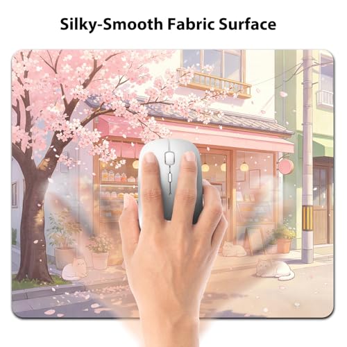 Anime Sakura Cat Café Mouse Pad 9.5" x 7.9", Cozy Japanese Cherry Blossom Cute Desk Mat, Kawaii Art - color: Cartoon Design