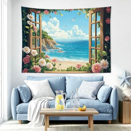 EOBTAIN Coastal Beach Tapestry Ocean Nature Seascape outside Window Floral Tapestry Wall Hanging Summer Blue Sky and White Cloud Wall Art for Bedroom Living Room Dorm Room Decor,59x51 Inch - color: Blue Green, size: 51"L x 59"W