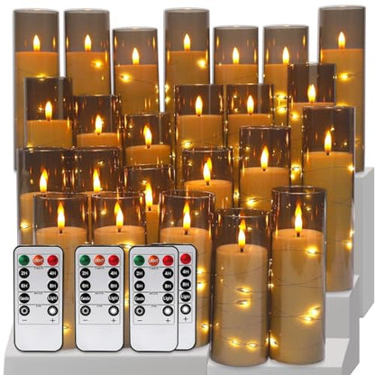 24-Pack Gray Flameless Candles with Remote Control, Battery-Powered LED Candles with Embedded Star String Lights & Realistic Flickering Flame. with Timer for Christmas, Home, Wedding, Fireplace Mantle - color: 24String-Grey