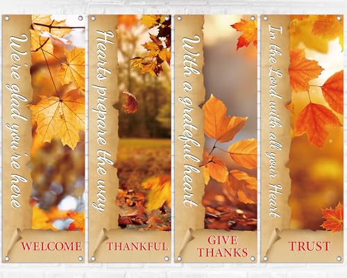 4Pcs Church Banners for Sanctuary Wall Welcome Inspirational Religious Banner Hanging Backdrop Fall Thanksgiving Maple Leaves Vintage Paper Church Scripture Bible Verse Banner for Holiday School Decor - style: Golden Fall Harvest