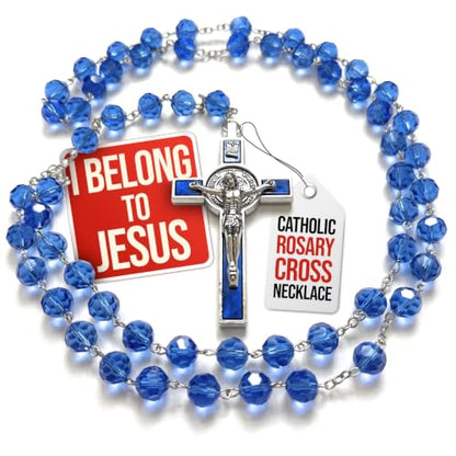 SANCTUM VERITAS Catholic Rosary Necklace | Large Bead Italian Rosary, Christian Prayer Beads for Car Mirror Decor, First Communion Religious Gift for Men and Women, Catholic Keepsake(Blue Crystal) - style: Blue Crystal