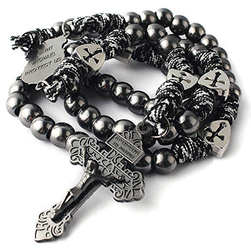 HanlinCC Catholic Rosary Paracord Large Metal Beads St.Michael Medal Men - style: Gun Black St.Michael Paracord Rosary
