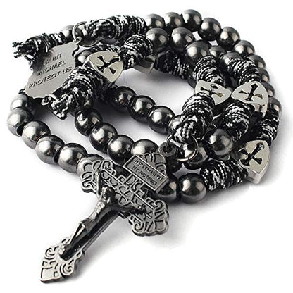 HanlinCC Catholic Rosary Paracord Large Metal Beads St.Michael Medal Men - style: Gun Black St.Michael Paracord Rosary