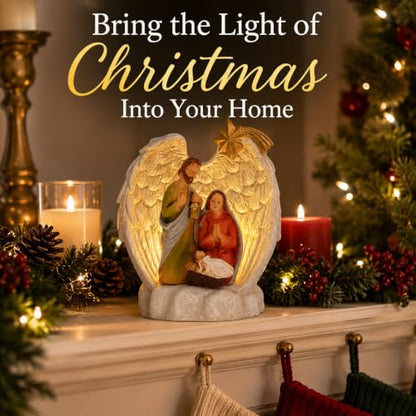 Wowser Lighted Holy Family Under Angel Wings Figurine, LED Nativity Christmas Decoration, Religious Christian Tabletop Holiday Décor, Resin Freestanding Christmas Display, 3.75 Inch