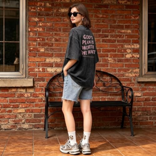 Christian Oversized Shirts for Women God Graphic Tees Shirts Bible Verse Jesus Shirt Religious Acid Wash Tshirts - color: Black, size: Medium