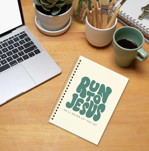 Beige and Green Christian Spiral Notebook, Run to Jesus Bible Verse Journal, Religious Scripture Journals for Writing, Bible Notebooks for Note Taking, Church Notes Journal, 5.5x8.3 Inch - color: God-Beige and