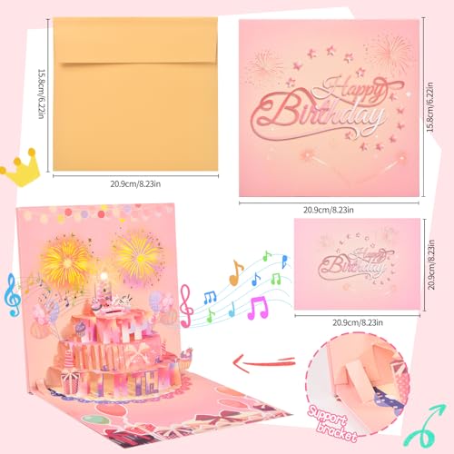 3D pop-up music birthday card - LED Light Cake Greeting Card - color: Cake - Pink