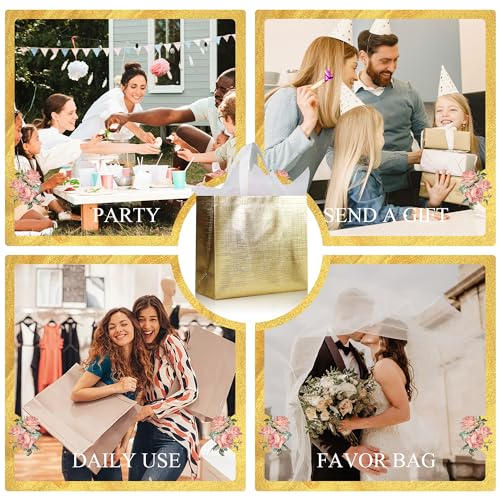 cabzymx 25 Pcs Gold Reusable Gift Bags with Metallic Design, Non-woven Gift Bag Bulk with Handles, Glossy Party Bags for Wrapping Gifts, Birthday, Wedding, Parties, Graduation-12.6x4.7x11 In - color: Gold, size: 1 Count (Pack of 25)