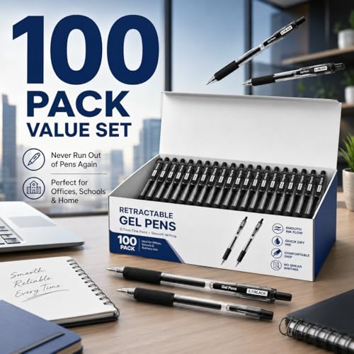 100 Pack 0.7mm Black Gel Pens Retractable Medium Ballpoint Pens Bulk