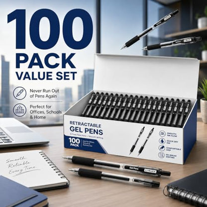 100 Pack 0.7mm Black Gel Pens Retractable Medium Ballpoint Pens Bulk