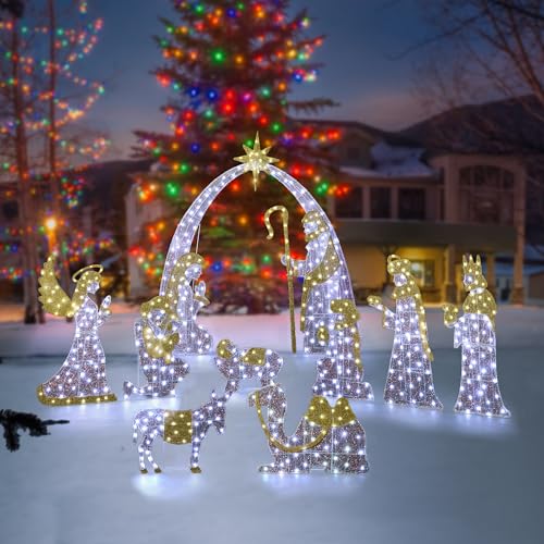 Glitzhome 4.5FT Lighted Outdoor Nativity Scence Christmas Decoration - 11pcs Prelit 2D Nativity Set w/ 590 LED Lights, Christmas Arch Holy Family Yard Decoration for Lawn Garden - color: Nativity