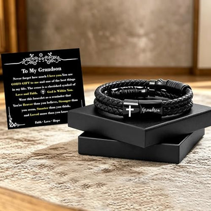 Christian Gifts for Mens Jewelry Black Double Layer Leather Cross Bible Verse Bracelets for Men, Teen Boys Religious Baptism Confirmation Gifts for Son Grandson Brother Teenages Gift Ideas - color: Grandson(8.27 Inch)