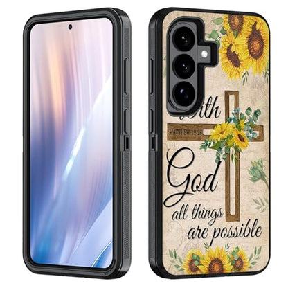 Case for Samsung Galaxy S26 Plus/ S25 Plus/ S24 Plus 6.7 inch, Heavy Duty 3 in 1 Hybrid Hard PC & Soft Silicone Shockproof Drop Protection Case, Christian Cross Bible Verse Matthew 19:26 - color: Christian Cross Quote Bible Verse Matthew 19:26, size: Gala